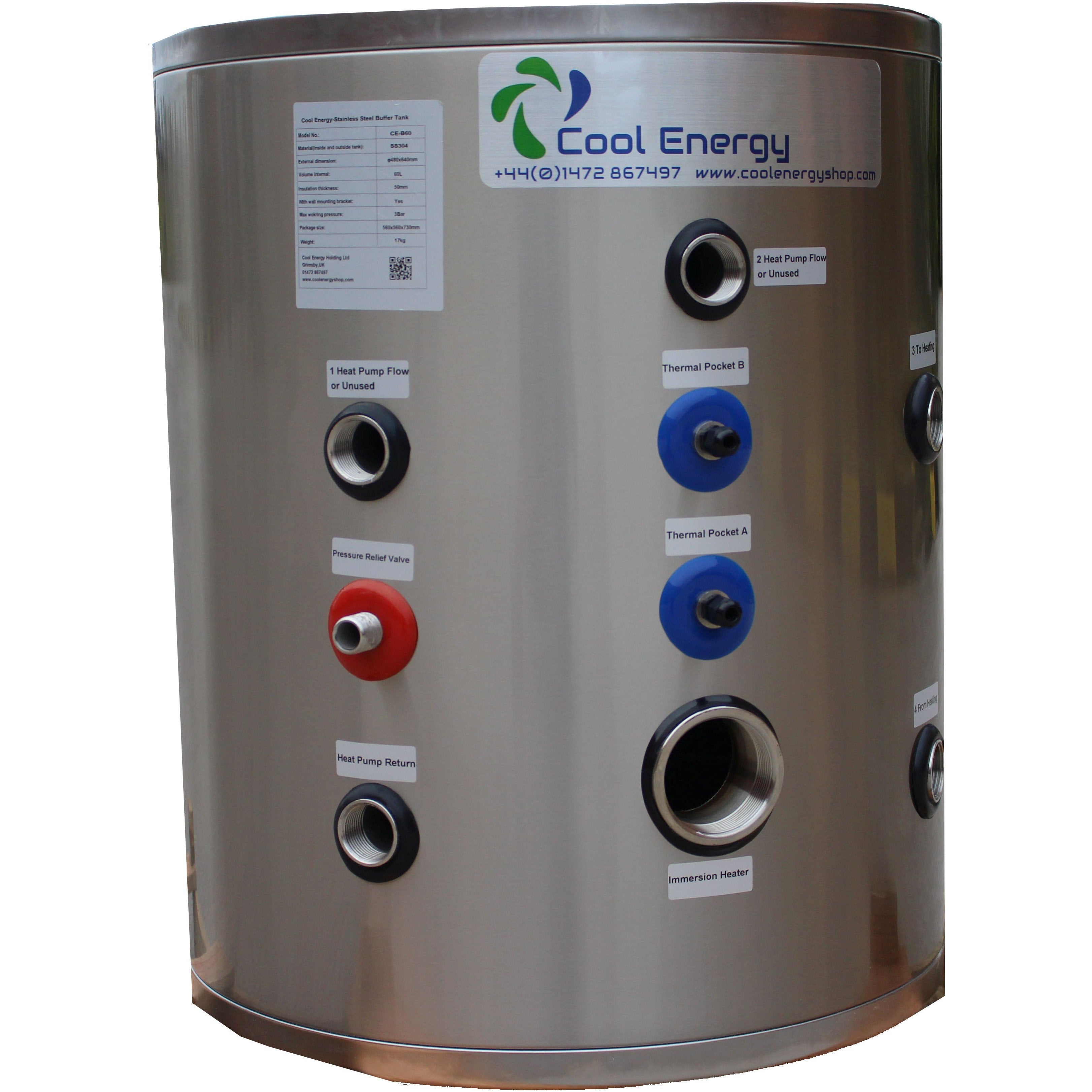 Cool Energy 60L Stainless Buffer Tank CE-B60 - Buffer Tanks & Hot Water Cylinders - Cool Energy Shop